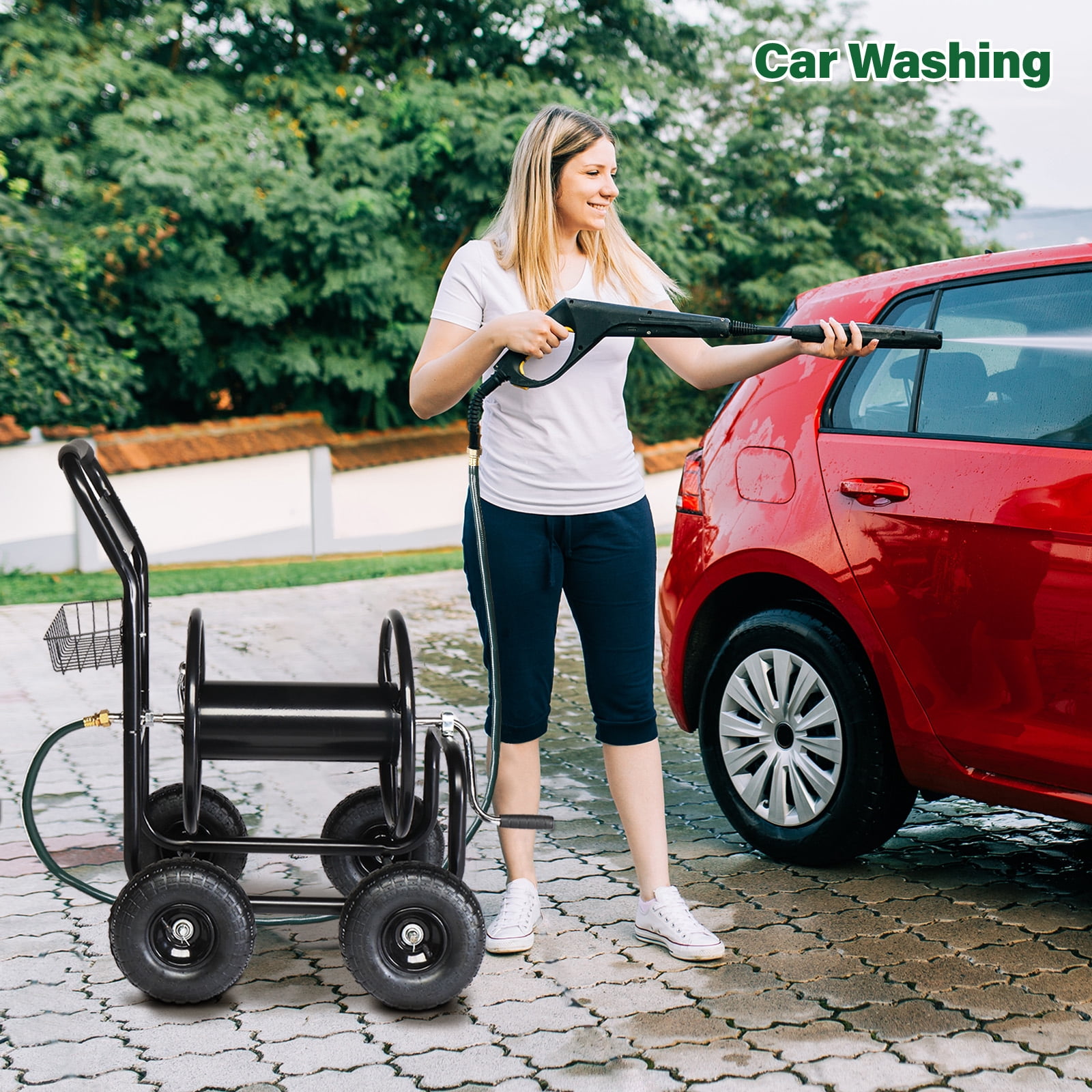 UBesGoo Iron Four Wheel Pipe Truck Garden Water Hose Reel Car w/ Dark Green Hose, Black