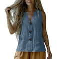 thumbnail image 5 of ITSAME Womens Cotton Linen Tops V-Neck Sleeveless Button Down Shirts Ladies Casual Blouses with Pocket Navy Size L, 5 of 9