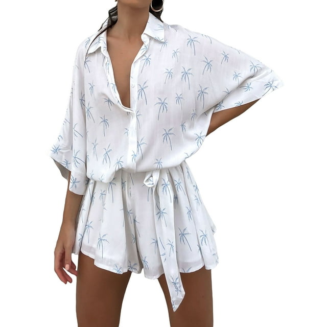 Mialoley Femmes Été Short Combinaison Coeur/arbre/point Imprimé Manches Revers Bouton Dwon Ample Rompers