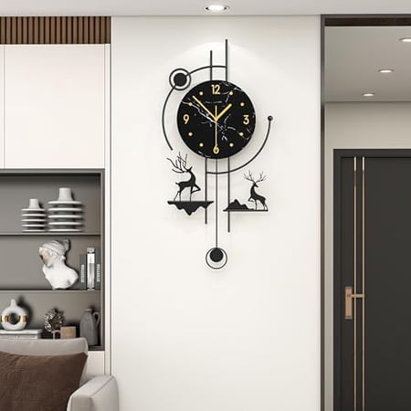 Large Modern Wall Clock with Pendulum –Silent Quartz Battery Operated Decorative Clock for Living Room, Kitchen, Bedroom, Office – Unique Black Deer Design Timepiece, 12.6 x 26.4inch
