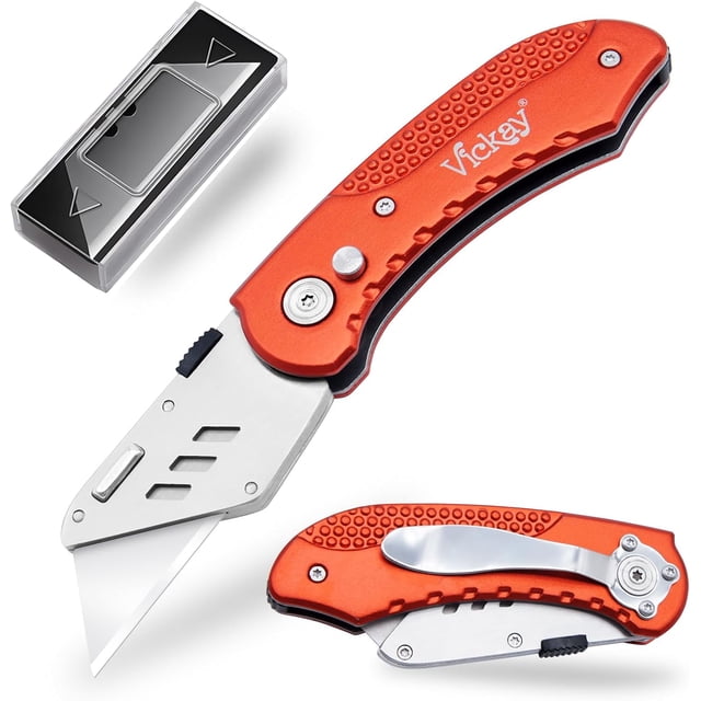 TEMOGU-Box Cutter Utility Knife Heavy Duty with 5 SK5 Quick Change Blades, Safety Axis Lock Design Razor Knife, Lightweight Aluminum Body Belt Clip for Office (Red)
