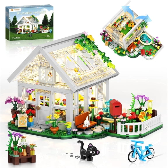 Flower House Building Set with LED Light- Creative Greenhouse Garden Playset Lego Compatible, Birthday Gift for Adults, Teens, Girls, 632 Pcs