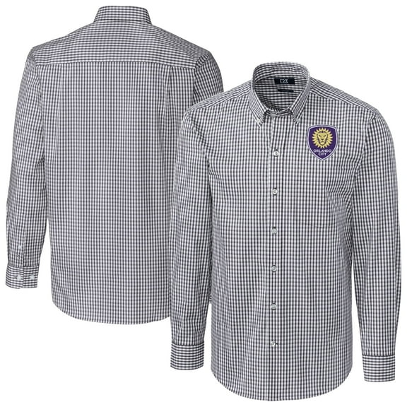 Men's Cutter & Buck  Charcoal Orlando City SC Big & Tall Big & Tall Easy Care Stretch Gingham Long Sleeve Dress Shirt