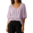 thumbnail image 2 of Yrmaups Loose Fit V Neck Short Sleeve Peplum Top for Women, Casual Ruffle Blouse, Soft Breathable Summer Basic Tee for Home Office Travel Daily Wear, Purple 2XL, 2 of 5