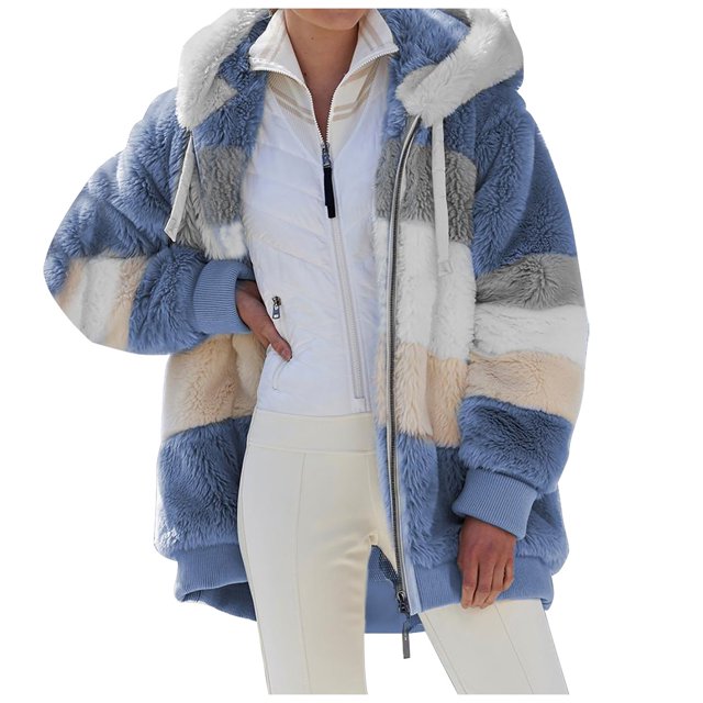 Gupgi Manteau à Capuche Contrasté pour Femmes, Manches Longues Zip-up en Peluche