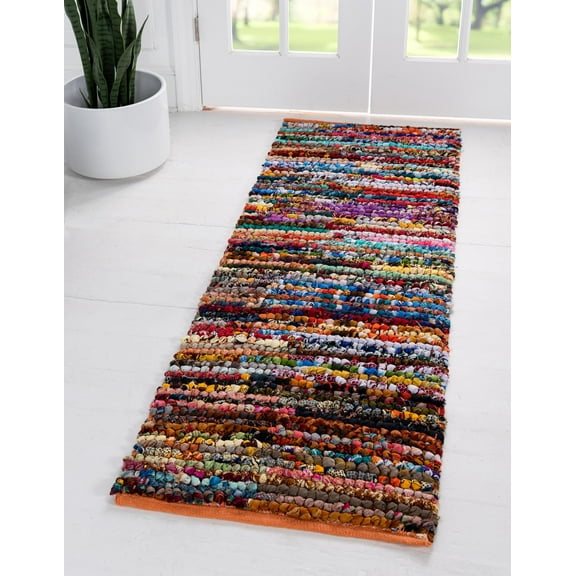Unique Loom Braided Chindi Collection Area Rug - Multi-Striped (2' 2" x 6' 1" Runner Multi/Black)