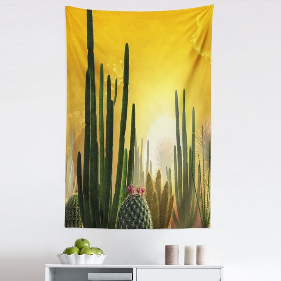 Cactus Tapestry, Sunset over Desert Landscape Various Kinds of Cactus Desolate Hot Weather, Fabric Wall Hanging Decor for Bedroom Living Room Dorm, 5 Sizes, Marigold Yellow Green, by Ambesonne