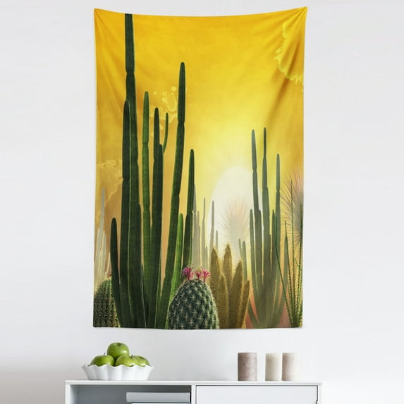 Cactus Tapestry, Sunset over Desert Landscape Various Kinds of Cactus Desolate Hot Weather, Fabric Wall Hanging Decor for Bedroom Living Room Dorm, 5 Sizes, Marigold Yellow Green, by Ambesonne