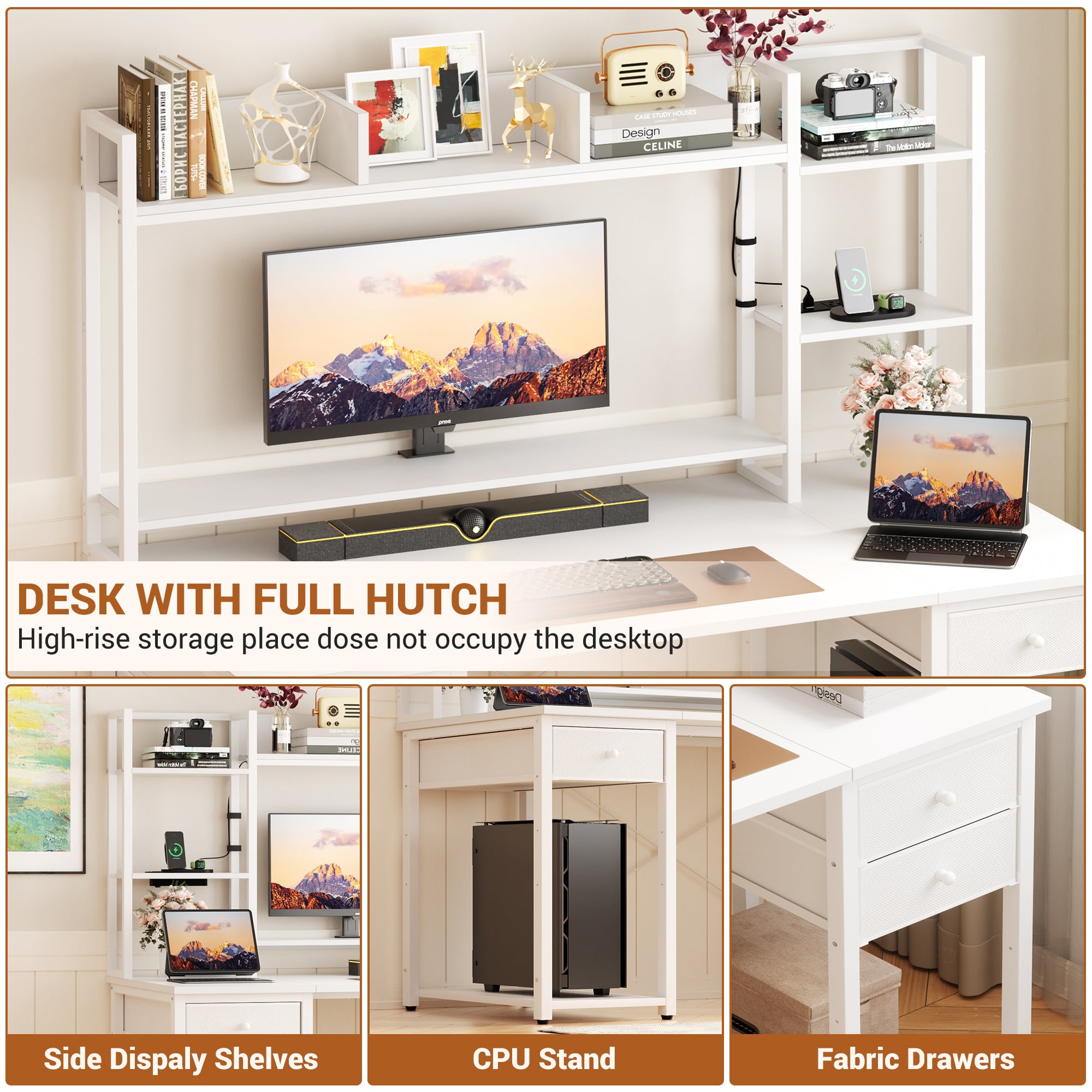 iSunirm Desk with LED Light and Power Outlet, 47.2'' Gaming Desk with Hutch, Reversible Computer Desk with Drawers, and Storage Bookshelf, Large Workstation Desk, for Home & Office, White
