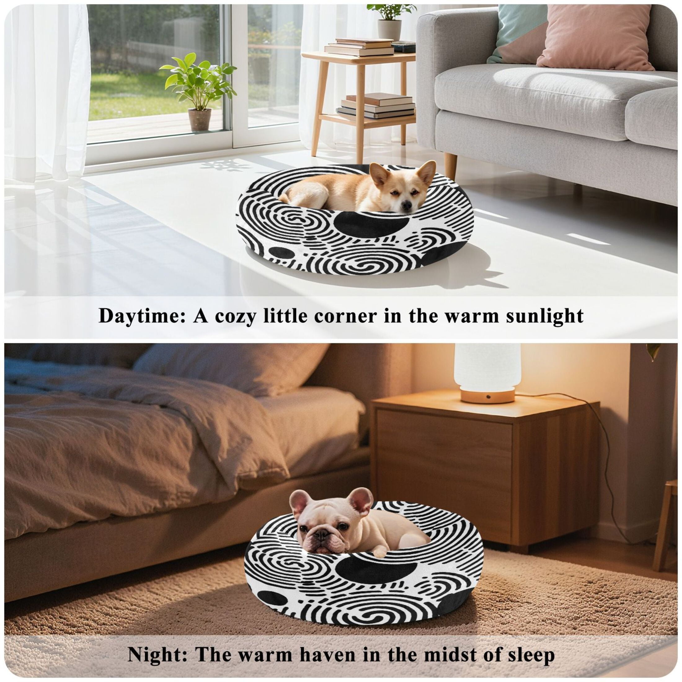 Iauyy Pet Couch Donut Cat Bed for Indoor Cats/Small Dogs Washable & Machine with Non-slip Bottom Calming Cat Furniture, Black and White Circles (M)