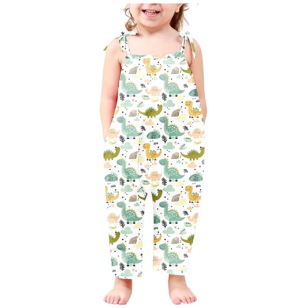 Odeerbi 2-13 Años Niñas Traje de Verano Dinosaurio Impresión Camisola Romper Casual Respirable Comfortable Overalls Correa Bib Pantalones En General Traje de Juego