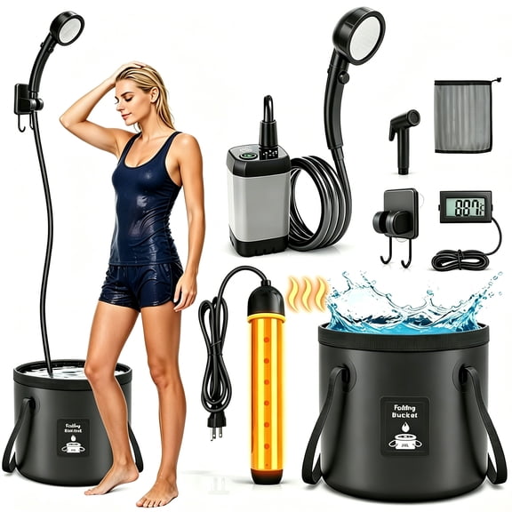 HQinX Portable Shower with Heater, 3-in-1 Camping Shower & Sprayer, 6000mAh Rechargeable Pump, Foldable Bucket, for RV, Travel & Pet Cleaning