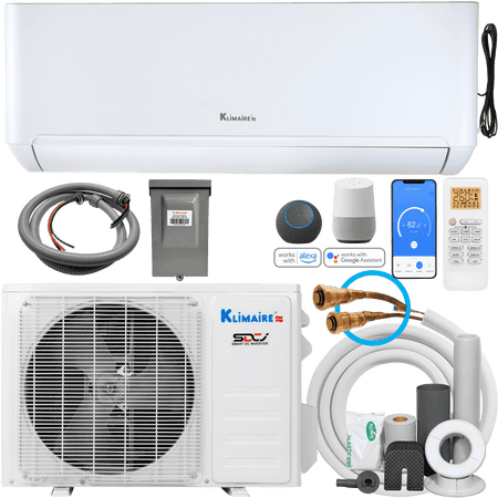Klimaire DIY 9,000 BTU 24 SEER2 25' Quick Connect Wall Mount Mini-Split with Wall Mounting Bracket, Electrical Disconnect, and Whip - 115V