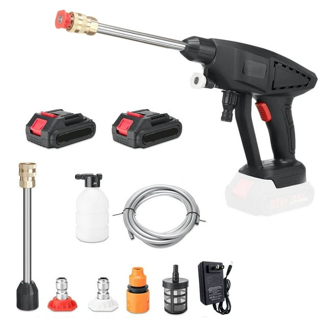 Portable Wireless High-Pressure Car Washer with 2 Rechargeable Batteries & Charger – All-Copper Motor, Automatic Start-Stop, Adjustable Water Flow (Fan/Direct Jet), Stainless Steel Filter – Ideal for