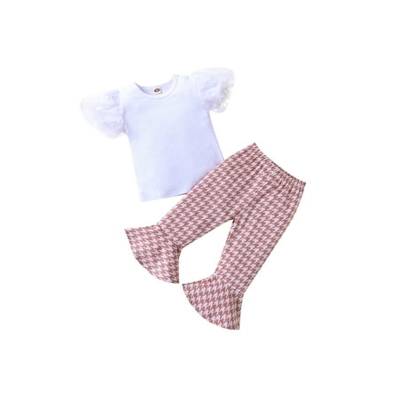 

Bagilaanoe 2pcs Toddler Baby Girl Long Pants Set Short Sleeve T-Shirt Tops + Plaid Flare Trousers 6M 12M 2T 3T 4T 5T Kids Casual Summer Outfits