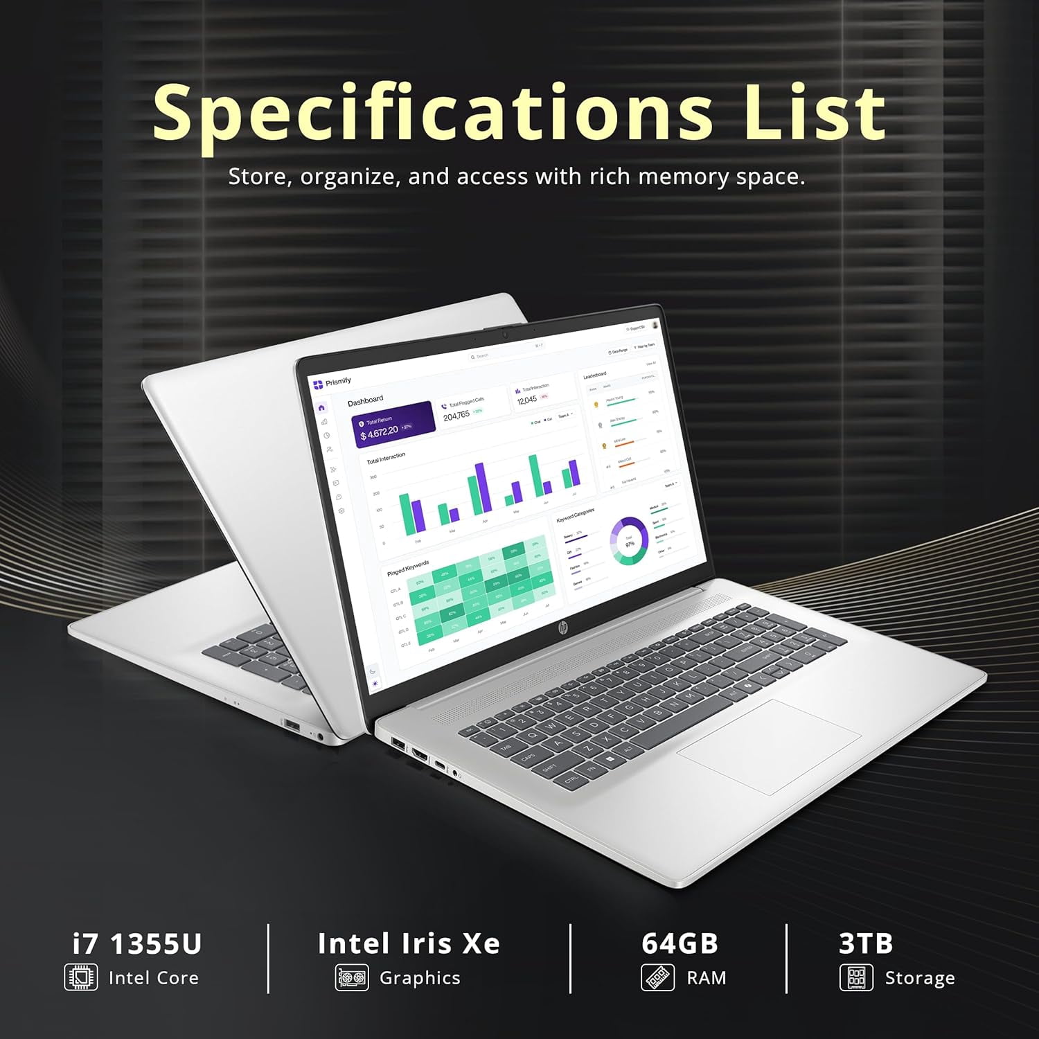 HP 17.3" FHD Business Laptop, Intel i7-1355U, 64GB RAM, 3TB Storage (2TB SSD+1TB Docking Station Set), Intel Iris Xe Graphics, Full-Size Keyboard, Copilot, Wi-Fi 6, Webcam, Windows 11 Pro, Silver