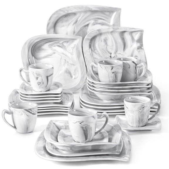 30-Piece Marble Grey Porcelain Dinnerware Set Service for 6-Tableware Set with Plates Coffee Cups and Saucers