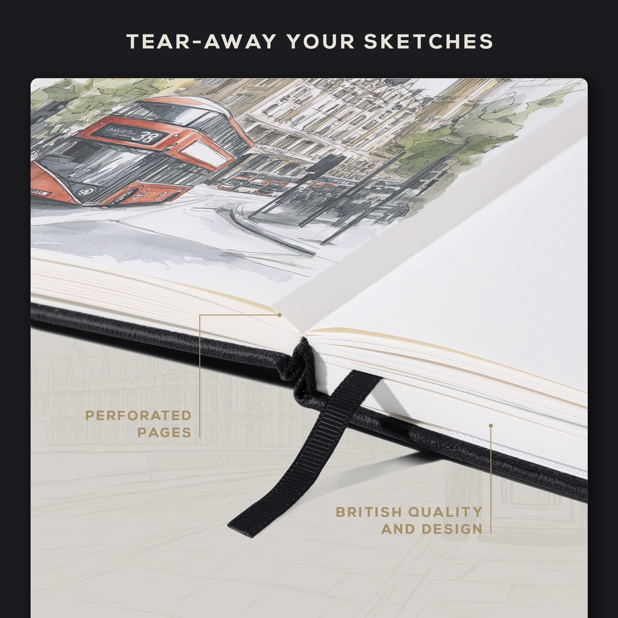 Beechmore Books A4 Sketchbook – 8.5x11" Premium Vegan Leather Bound Large Sketch Book Hardcover With 156 Thick 160gsm Perforated Ivory Pages, Blank Sketch Pad, Gift Boxed, Back Pocket Ribbon Bookmark