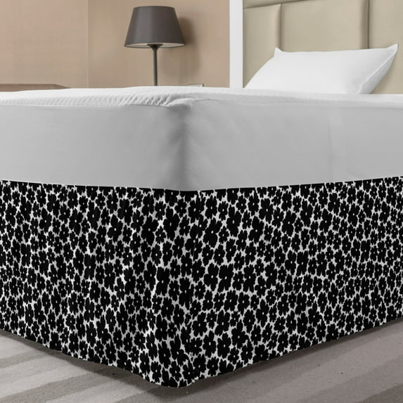 Floral Bed Skirt, Repeating Flower in Monotone on a Plain Background Bouquet Items, Elastic Bedskirt Dust Ruffle Wrap Around for Bedding Decor, 4 Sizes, Charcoal Grey and White, by Ambesonne