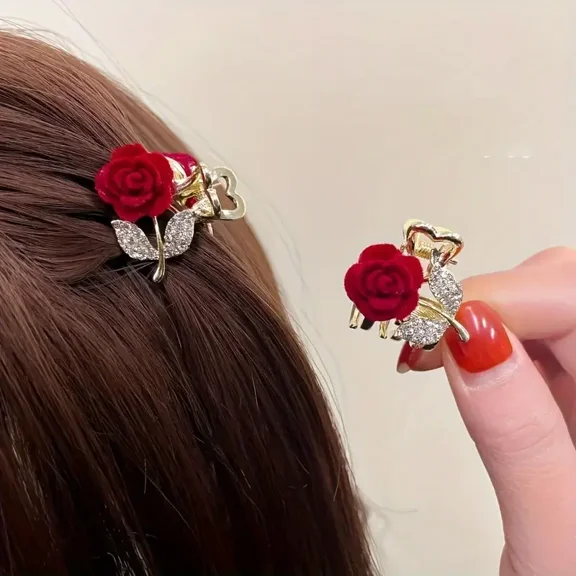 5pcs Sparkling Rose Flower Decorative Small Hair Grab Clip Elegant Hair Clip Stylish Hair Accessories For Women And Girls