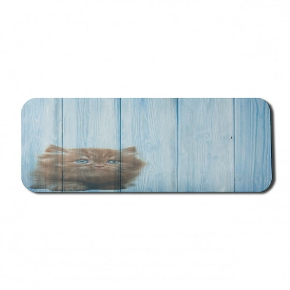 Animal Computer Mouse Pad, Kitty Alone on Rustic Vivid Background Kids Childish Art Print Photograph, Rectangle Non-Slip Rubber Mousepad Large, 31" x 12" Gaming Size, Caramel Blue, by Ambesonne