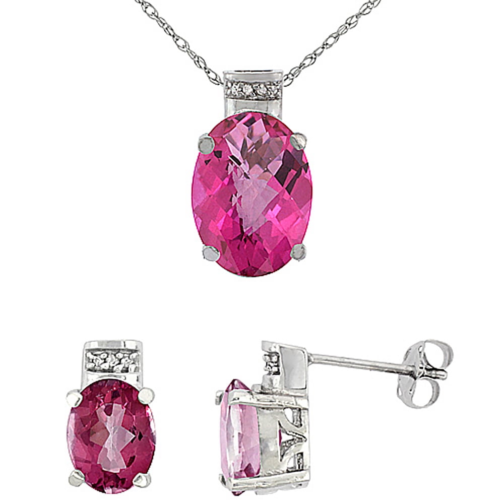 10K White Gold Natural Oval Pink Topaz Earrings & Pendant Set Diamond Accents by WorldJewels