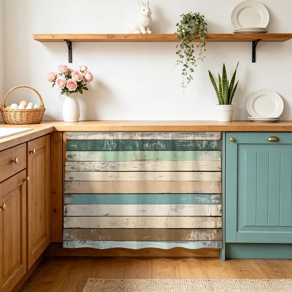 Farmhouse Green Brown Sink Skirt 11"Wx13"L, Dustproof Under Sink Curtain with Self Adhesive Tape, Vintage Ombre Wooden Cabinet Curtain Cover for Bathroom Vanity, RV, Kitchen Cabinet Storage Shelf