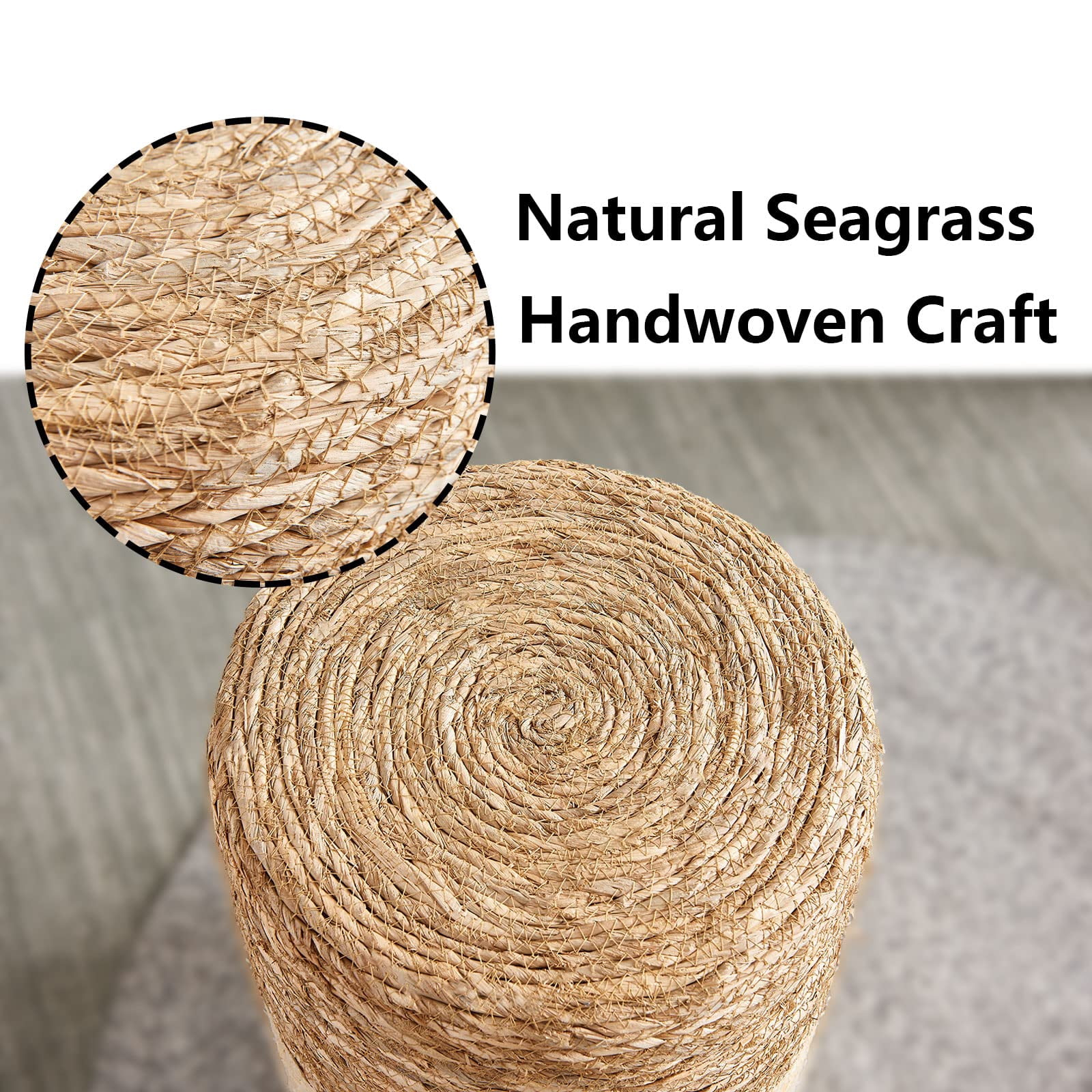 Tcbosik Hand Weave Ottoman, 14 inch Round Natural Seagrass Footrest, Boho Foot Stool for Living Room, Bedroom, Hallway, Space Saving, Natural+White