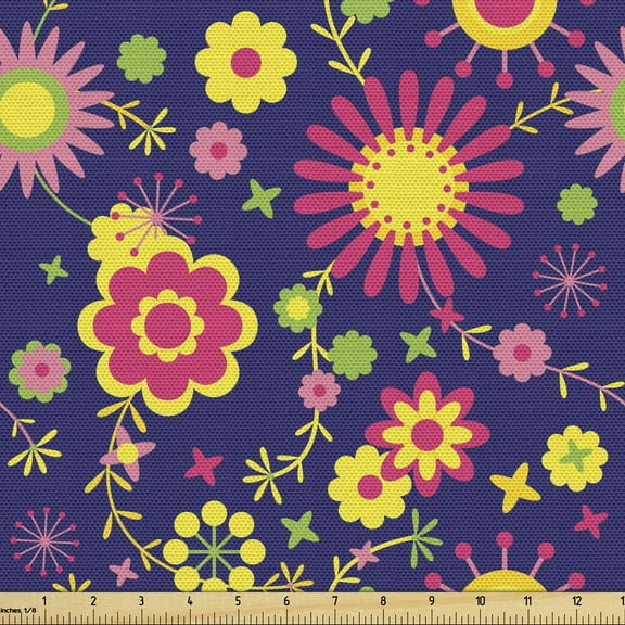 Ambesonne Floral Fabric by the Yard Upholstery, Flowers in Pattern, 1 Yard, Indigo Multicolor