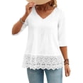 thumbnail image 2 of Mifsaly Womens V Neck Blouse Pintuck Front Lace Crochet Hem 3/4 Sleeve Summer Tops Casual Loose Fit Breathable Vacation Fashion Chiffon Shirt L, 2 of 9