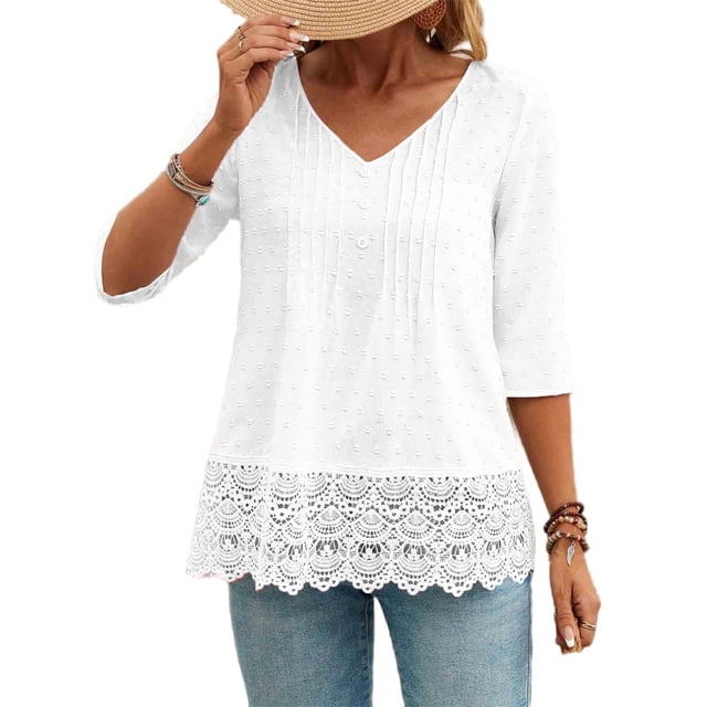 Camisas Y Tops de Verano de Mujer Estilo Bosque Francés Camisa de Bordado Hueco Cuello Redondo de Poliéster Camisas de Manga Corta para Mujeres Verano