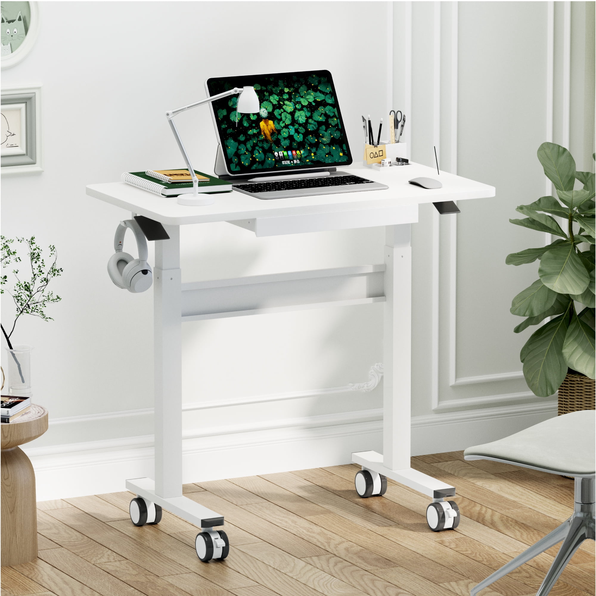 WHIFEA Mobile Standing Rolling Desk – White Sit Stand Up Desk with Drawer, Pneumatic Height Adjustment, Lockable Wheels, Adjustable Home Office Desk for Computer & Walking Pad