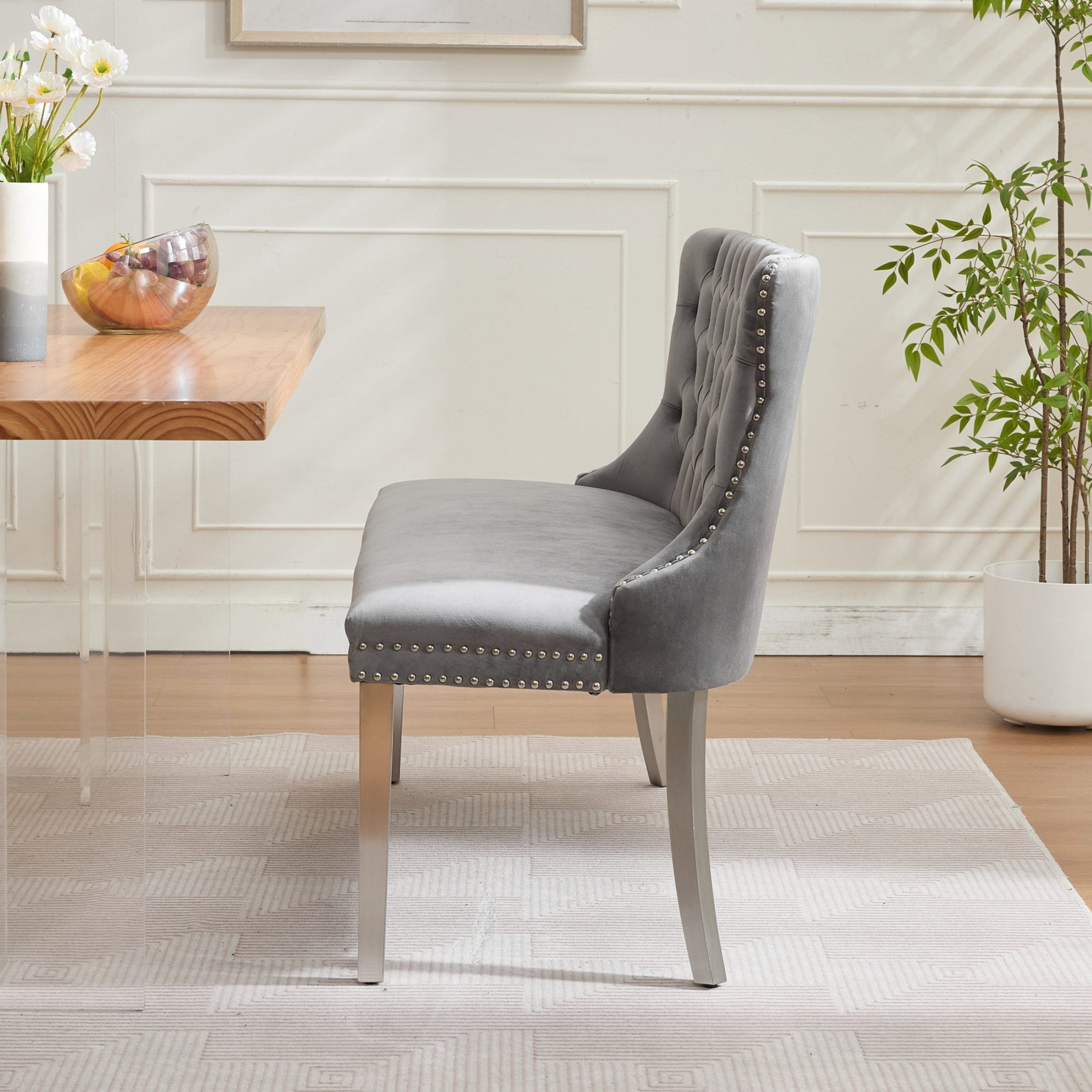 Noble House 2-Seat Velvet Dining Bench, Tufted Wingback Upholstery, Steel Legs, Gray + Silver