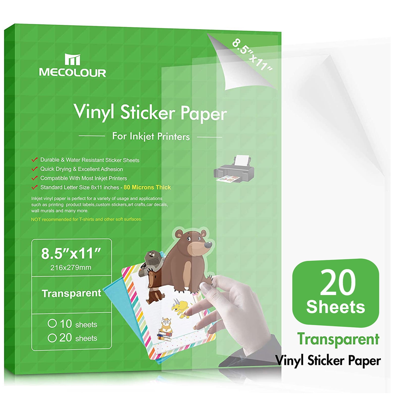 15 Sheets Clear Transparent Premium Waterproof Vinyl Sticker Paper for Inkjet Printer and Laser Printer Printable Vinyl Sticker Paper 8.5X11 Decal Sheets Self-Adhesive Label Paper 