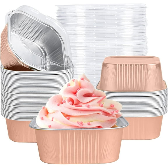 20 Pack Mini Cake Pans with Lids, 5oz Square Aluminum Foil Brownie Baking Cups, Muffin Tin Ramekins, Disposable Dessert Cupcake Cups for Wedding Birthday Party, Champagne