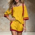 thumbnail image 3 of Karymi Summer Sets for Women Tracksuit 2 Piece Outfit, Contrast Off Shoulder Short Sleeve Striped Cuff Baot Neck Top & Elastic Drawstring Waist Side Trim Shorts Rompers for Women, 3 of 7
