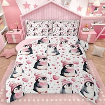 Homewish Cute Cartoon Penguin Queen Comforter Set,3D Loves Pattern Bedding Sets,Pink White Black Bedding Comforter Set For Girl Kids,Microfiber Bedroom Decor Reversible,3 Pieces