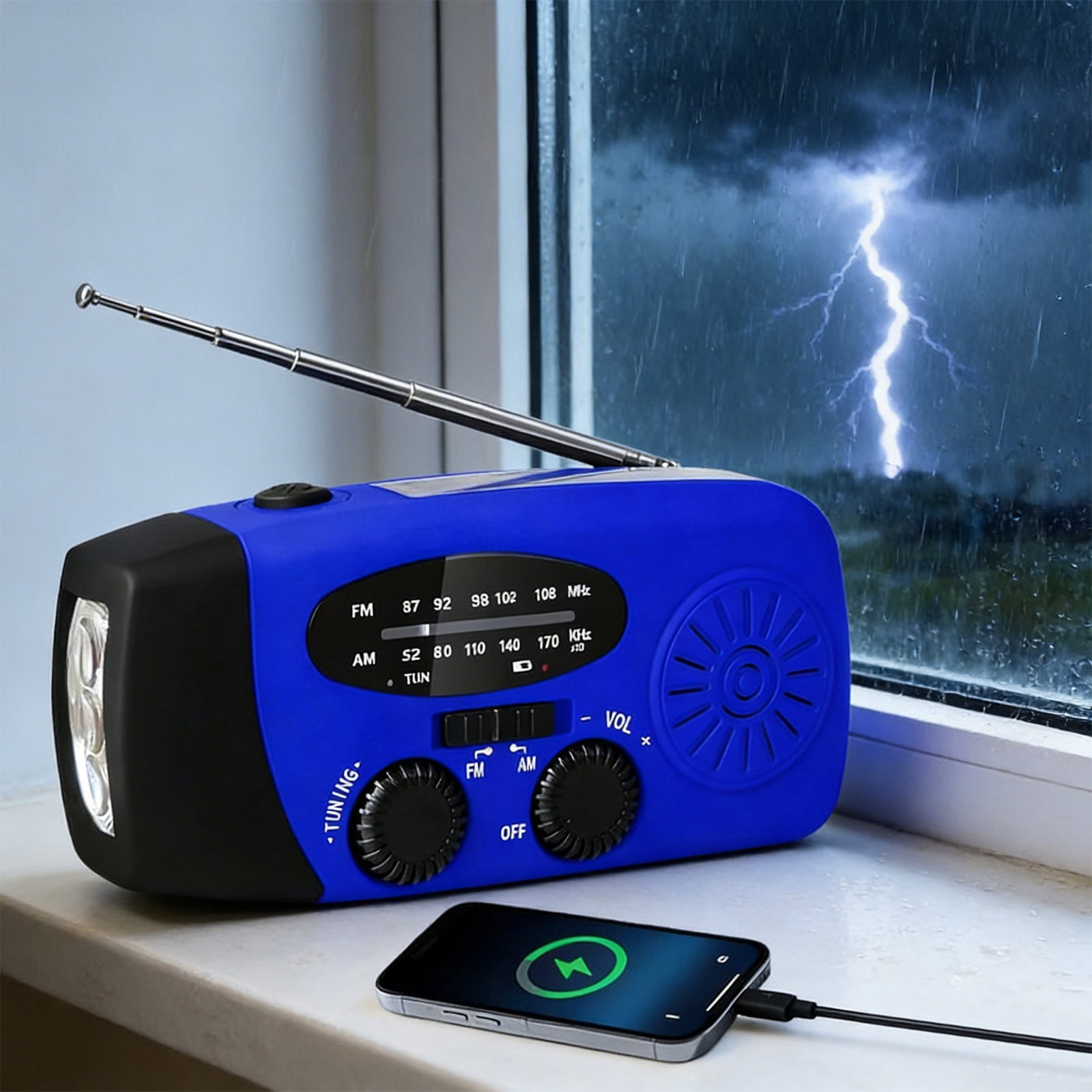 All‑Weather Solar Wind‑Up Am/Fm/Noaa Emergency Radio With Flashlight, 2000mAh Power Bank, Usb Charging, Ipx3 Splash‑Resistant, Hand Crank, Portable, Camping, Survival, Phone Charging