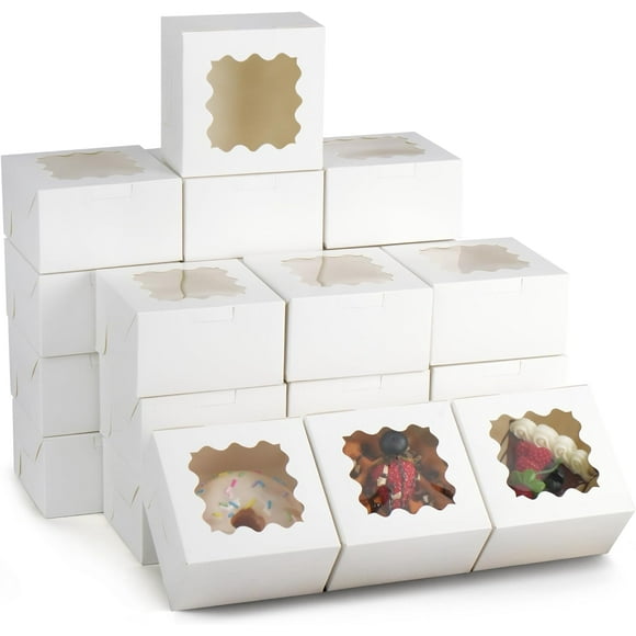 60pcs Small Cookie Boxes, 4x4x2.5 Inches, Bakery Boxes with Window, Baked Goods Packaging Containers for Cupcakes, Dessert, Macarons, Chocolates Donuts, Treats, Pastries