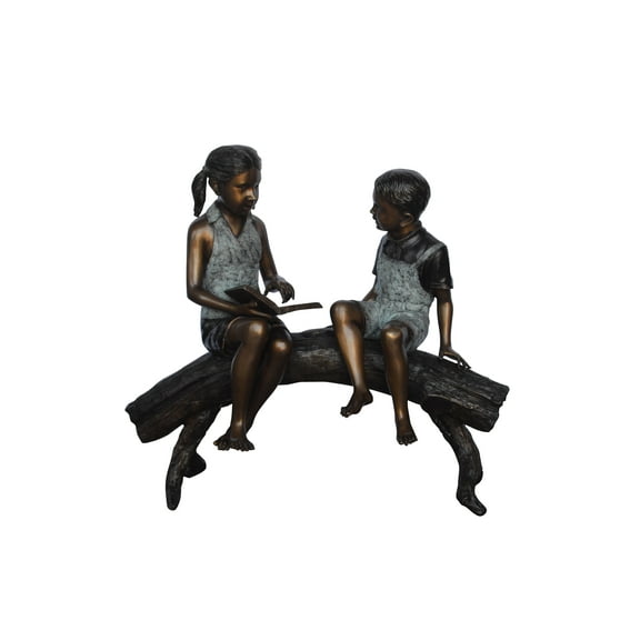 Nifao Two Kids on a tree log reading Bronze Statue Large – Home Decor Sculpture, 44"L x 17"W x 42"H
