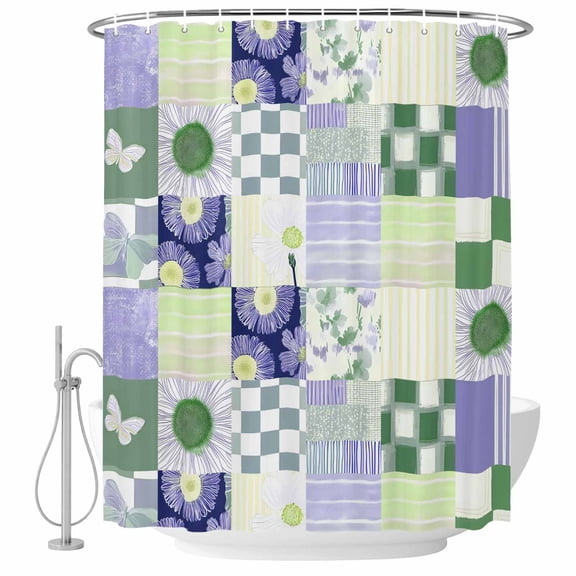 Spring Floral Checkered Shower Curtain, Waterproof Shower Curtains for Bathroom, Sage Green Purple Buffalo Plaid Washable Fabric Bathtub Curtain Set Bath Decor with 12 Hooks Stall 36"x72"