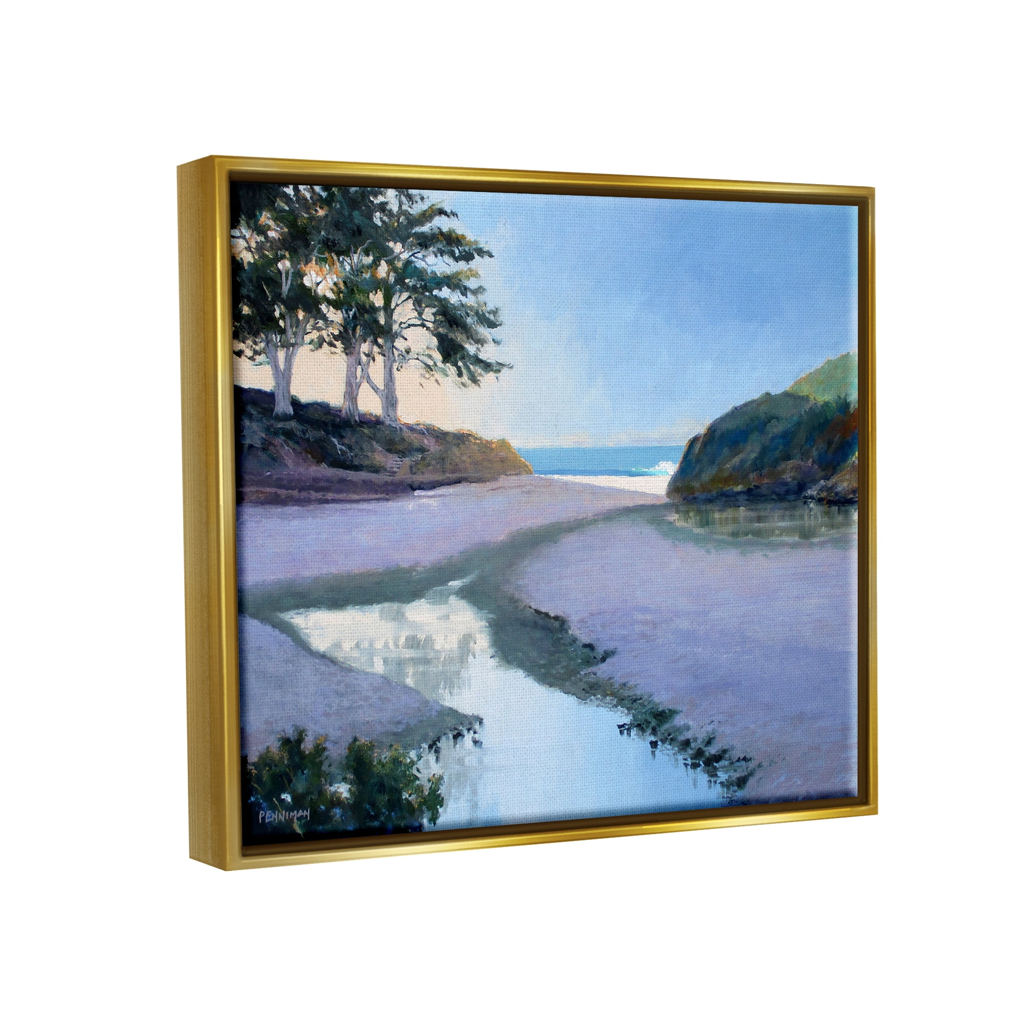 Stupell Seaside Riverbank Beach Shore Landscape Painting Gold Floater Framed Art Print Wall Art