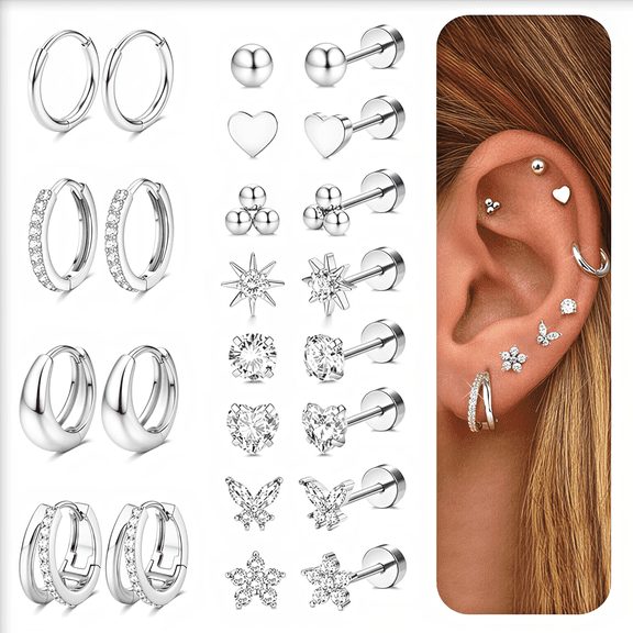 Hypoallergenic Flat Back Earrings-Cartilage Earring Stacks-Surgical Steel Earrings for Sensitive Ears - Small Stainless Steel Flatback Stud Hoop Earring Sets for Helix Tragus Conch