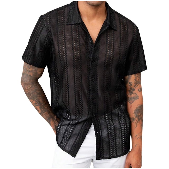 Jgppe Mens Button down Shirts Hollow out Mesh Breathable Quick Dry Short Sleeve Collar Shirt Party Beach