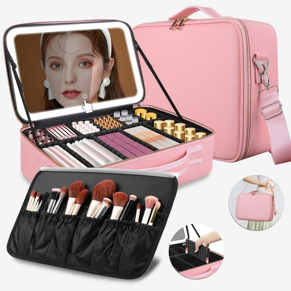 15″×11″Professional Makeup Train Case,Large Travel Makeup bag with Mirror and Light, Leather Black Make up Bag with Mirror and Light,Led Makeup Case with Adjustable Dividers