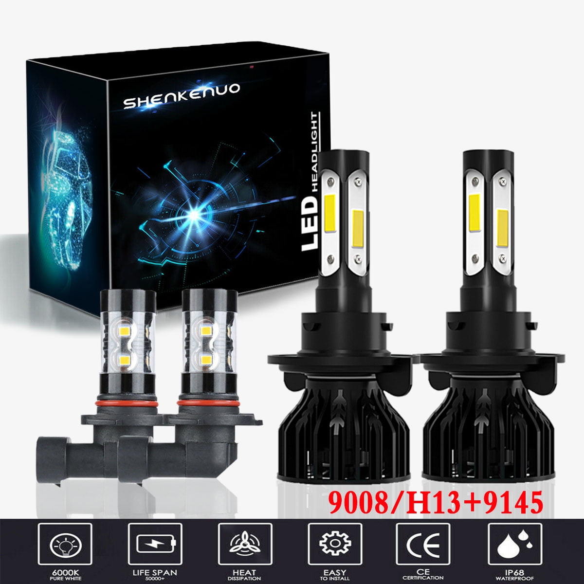 9008 High/Low Beam LED Headlight Bulbs 2009-2012 9145 LED Fog Light Bulbs,Pack of 4 SHENKENUO Fit For DODGE RAM 1500 2500 3500 2-Headlamps 