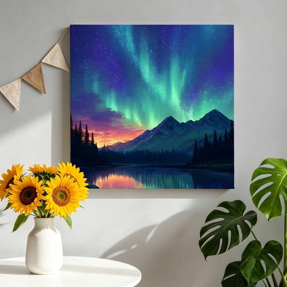 Canvas Wall Art Mountains Landscape Canvas Art Print Mysterious Green Blue Red Sky Lake Forest Pictures Wall Decor for Living Room Bedroom Artwork Decorations Stretched Framed Ready to Hang 10"x10"