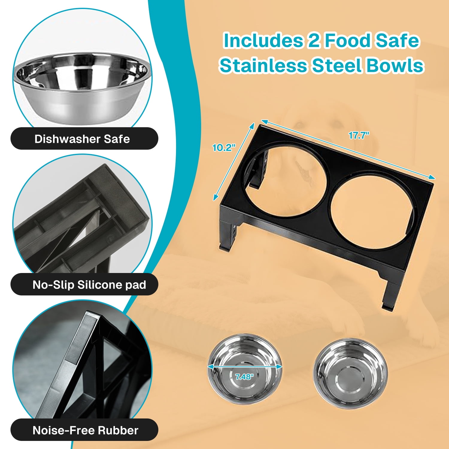 Behmoe Elevated Dog Bowls for Medium Large Dogs,3 Heights Adjustable Breed Raised Dogs Bowl Stand with 2 Stainless Steel Water And Food Bowls,Non-Slip Feeder Dish Station,Black