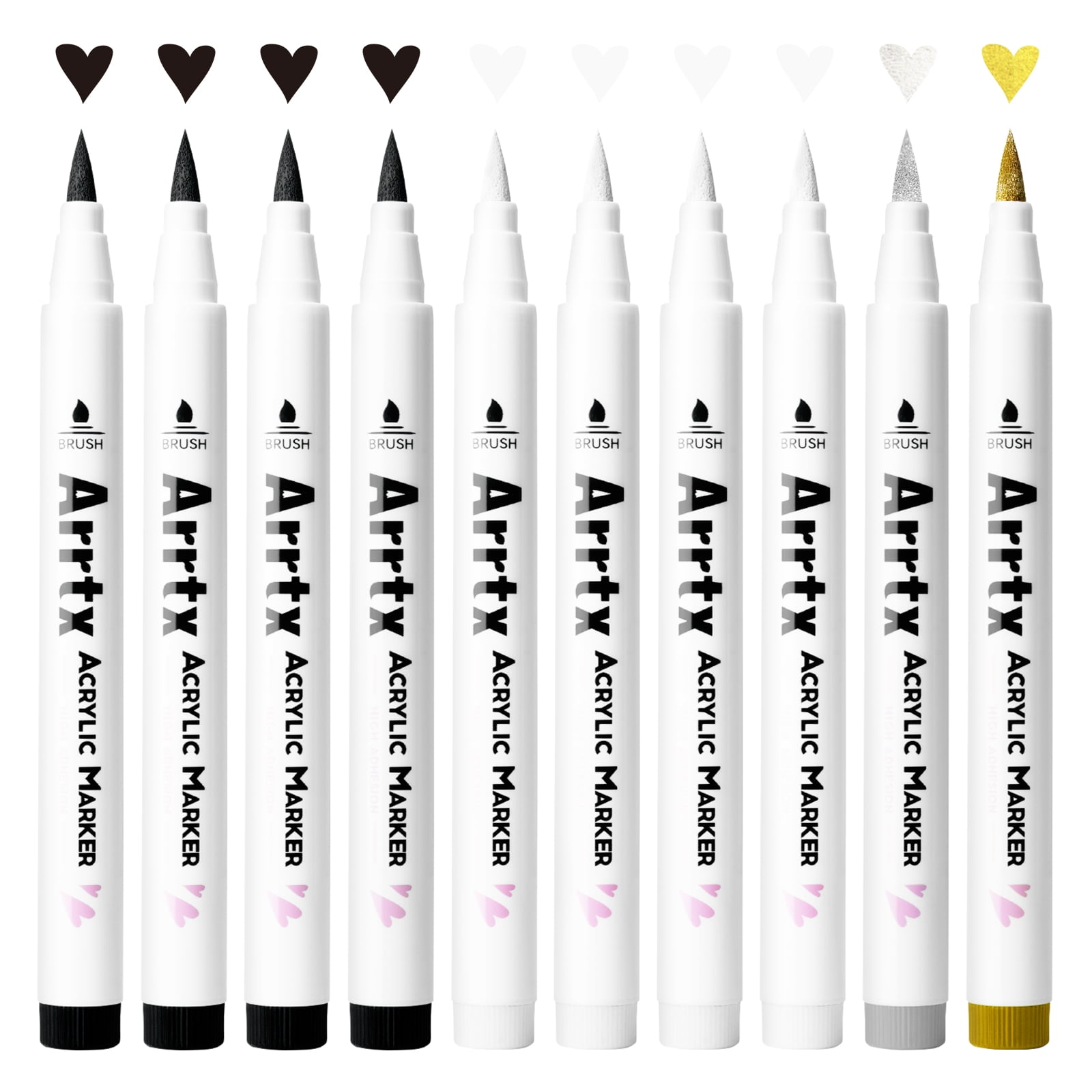 Arrtx 10Pcs Arcylic Paint Markers, Brush Tip Metallic Paint Pens for Rock Painting, Fabric, Glass, Water Based Ink, 4 White 4 Black 1 Gold & 1 Silver, DIY Art Supplies