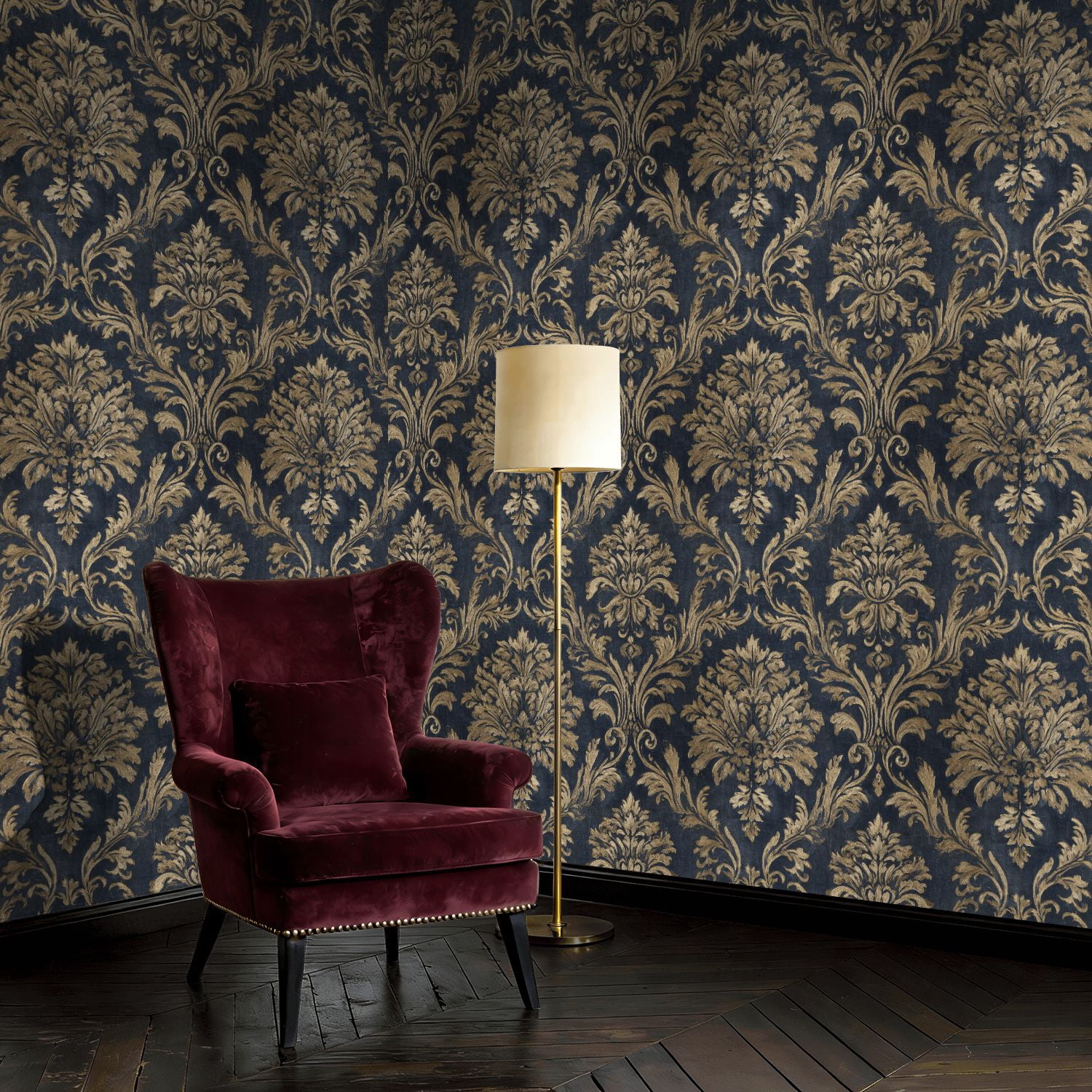 Baroque Peel and Stick Wallpaper Vintage Dark Damask Baroque Floral Gold Flourishes Wall Mural 23.6in x 9.8ft Self Adhesive Removable Wall Paper Renter Friendly Wallpaper for Bedroom Livingroom Men